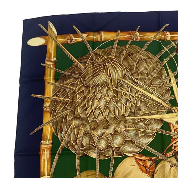 Hermes Scarf Silk Carre 90 Jardin Creole Cles Or's Paradise Navy